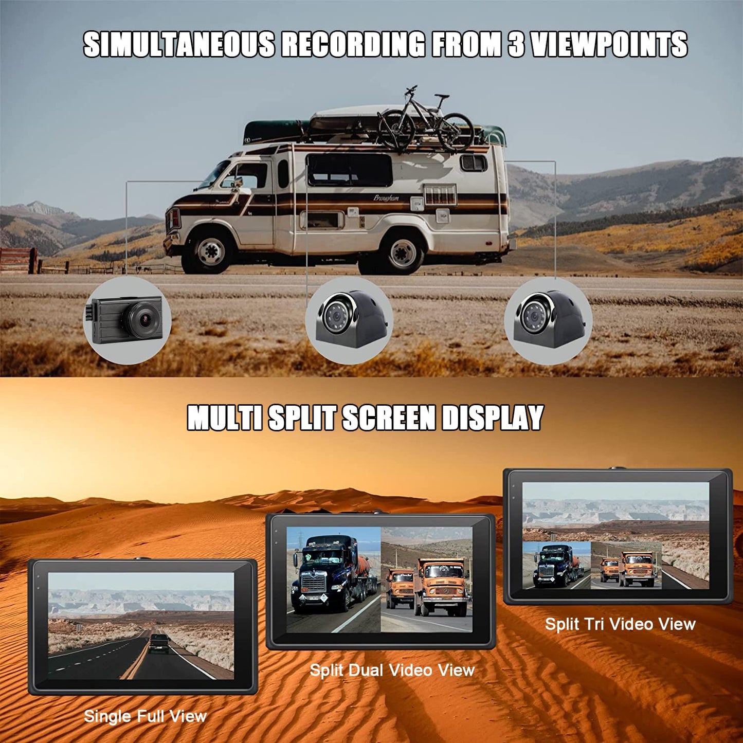 VSYSTO Upgrade 3CH Truck Dash Camera System DVR Recorder Waterproof Vehicle Backup Camera 1080P Front&Sides&Rear View Security Camera for Semi Truck Trailer Van RVs 3.0'' Monitor Infrared Night Vision