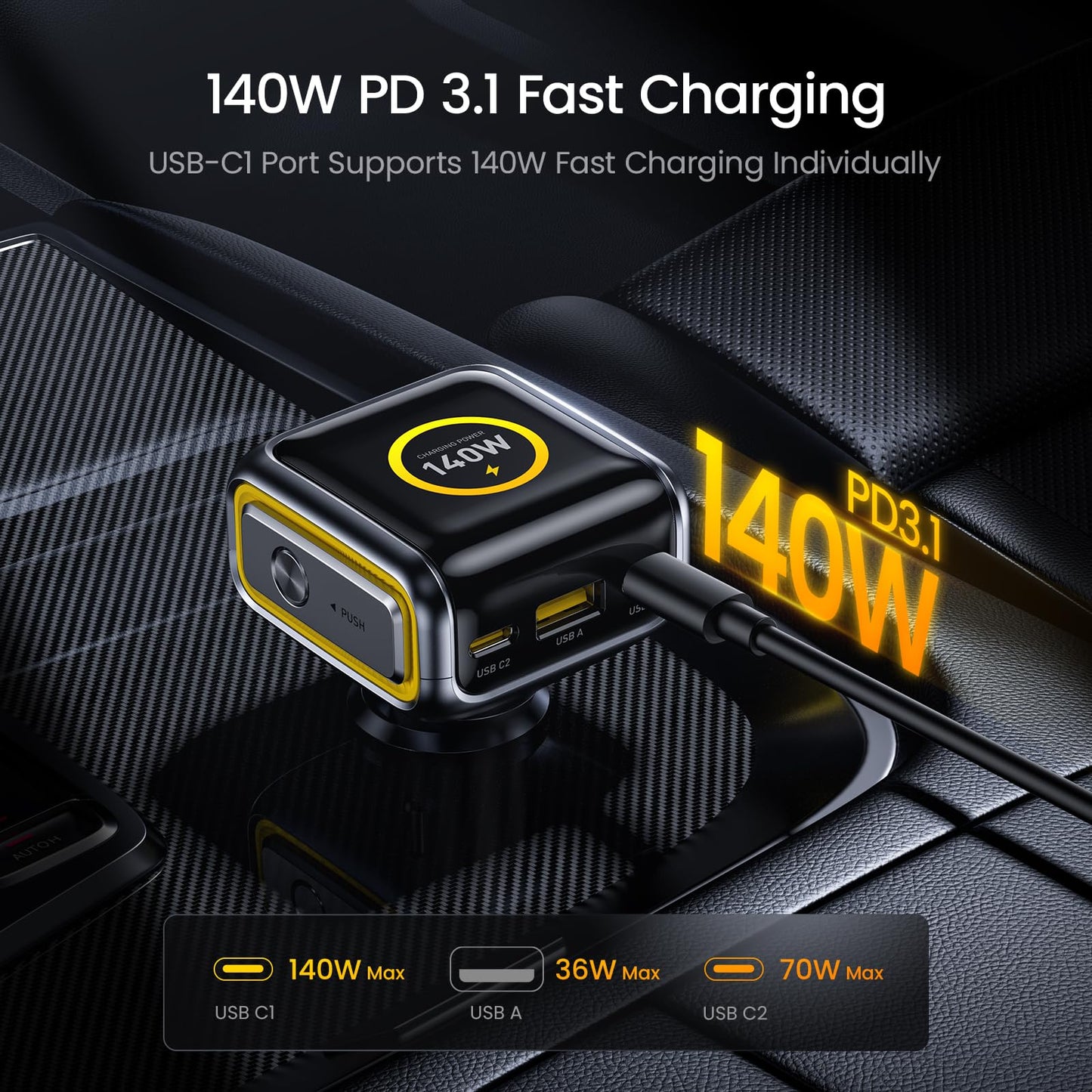 AOHI SUPERAUTO 170W Car Charger with Smart LED Display140W PD 3.1 USB C Fast Charging Car Adapter with USB4 2.0 Cable 6.6ft with 240W PD3.1 Fast Charging, 80Gbps Data Transfer, Dual 8K/Triple 4K Displ