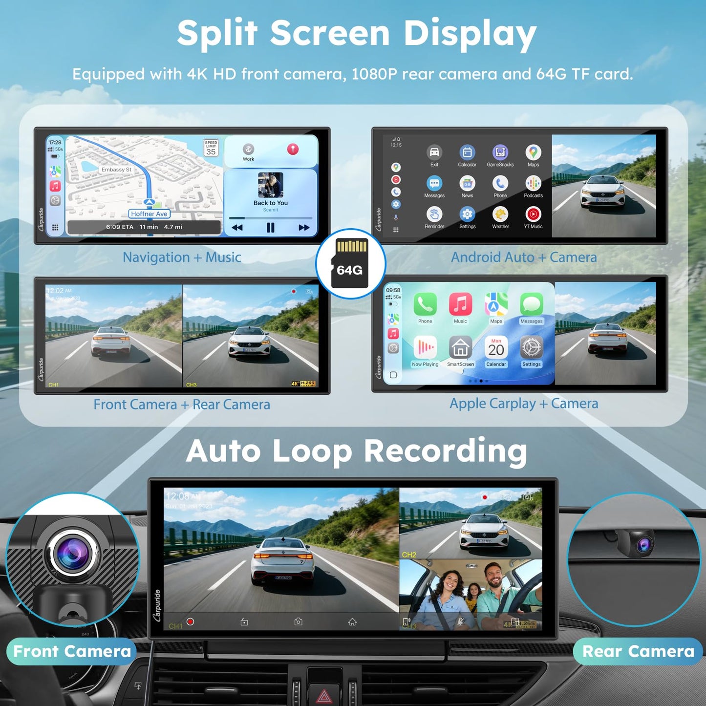 CARPURIDE CarPlay & Android Auto Dual Bluetooth, 7" Waterproof GPS Navigation Screen, Data Reading, Native Wonder, TPMS, Light Sensor, Music Sharing, Intercom, 16-Pin