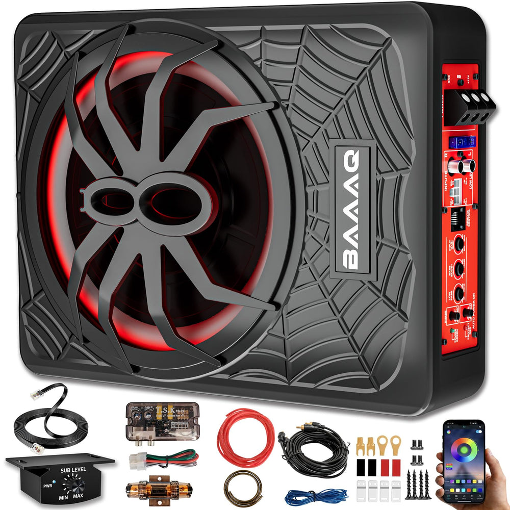 Baaaq Slim Underseat Powered Car Subwoofer, 2026 Upgraded 10 inch 1200W Car/Truck Audio Subwoofer with Built-in Amplifier Amp Combo Package, Powerful bass and RGB LED Ambient Light for Car and Truck