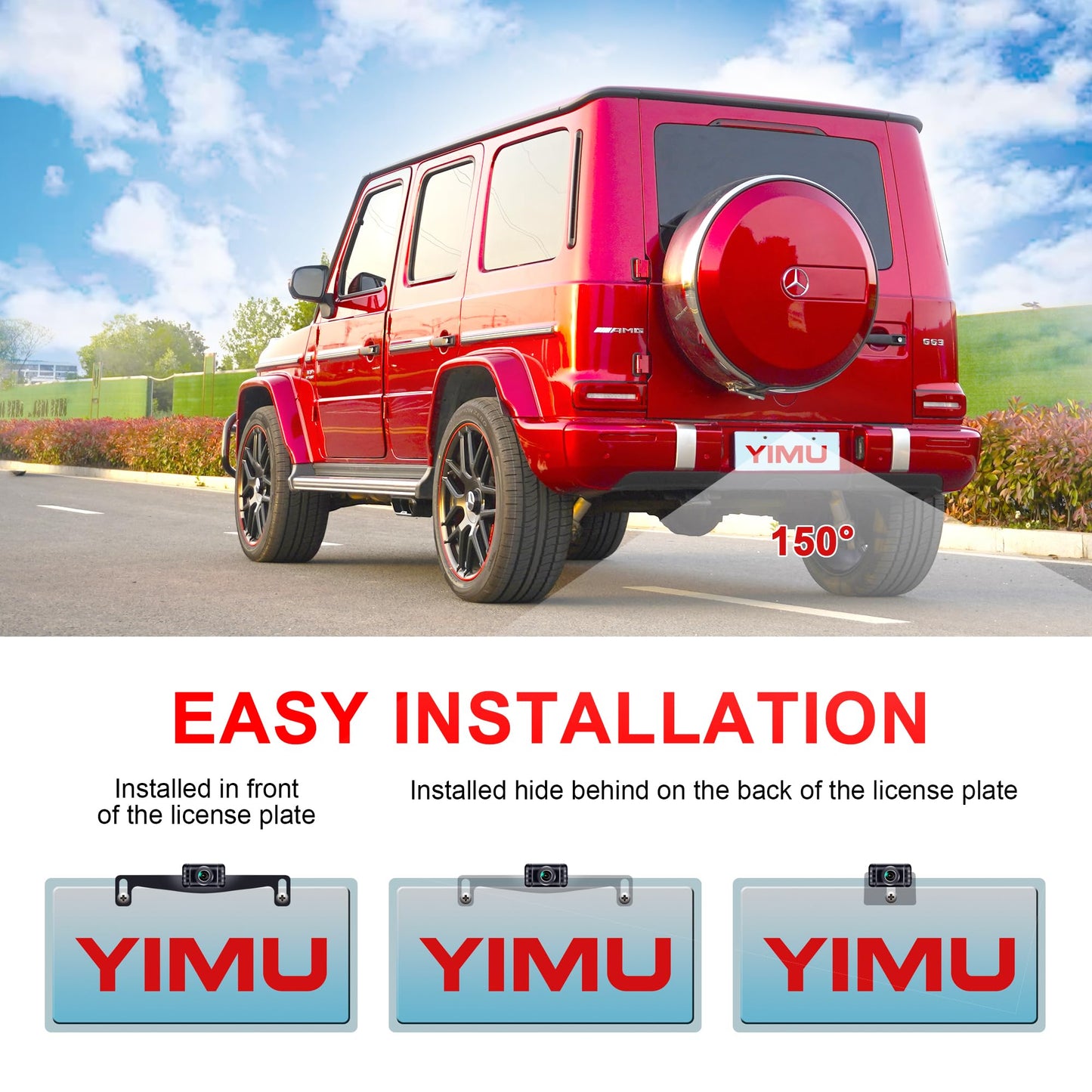 YIMU Backup Camera System with License Plate Backup Camera, Easy Installation, Plug & Play, DIY Guide Lines, 150° Wide Angle, Night Vision, IP69K Waterproof