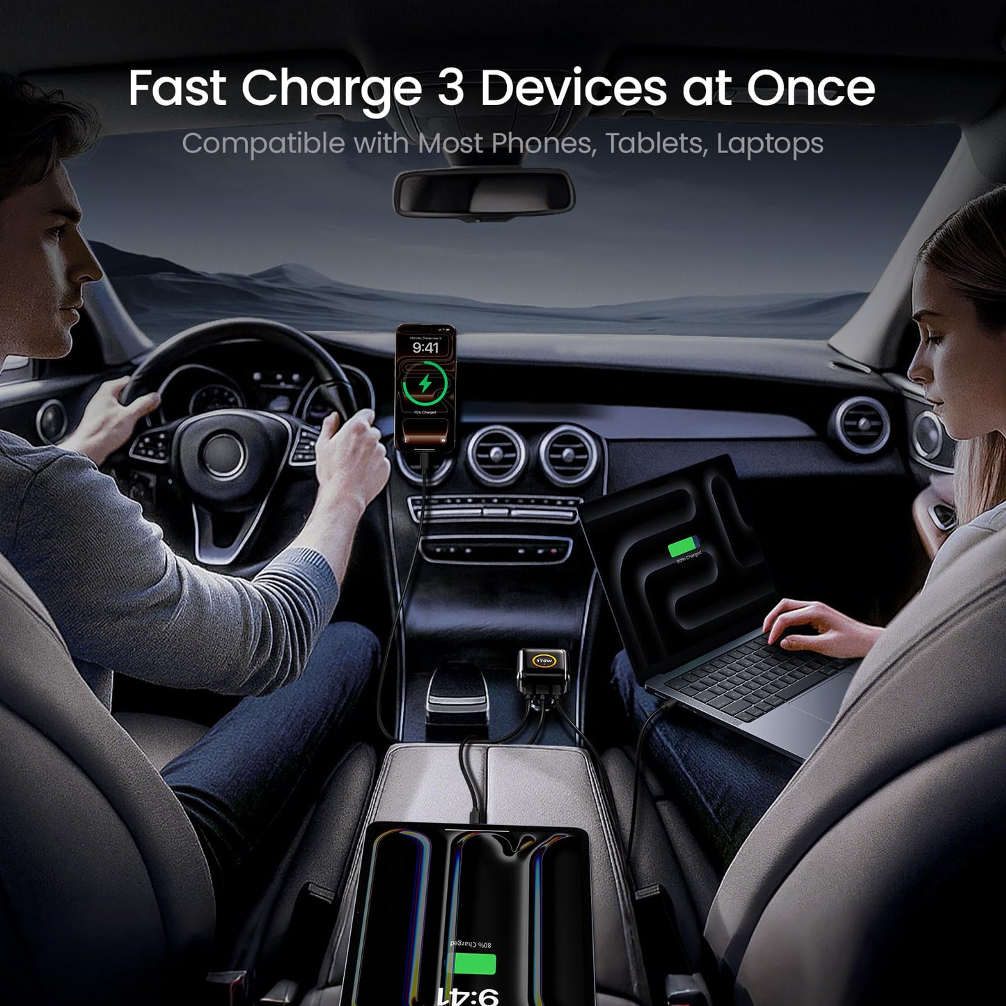 AOHI SUPERAUTO 170W Car Charger with Smart LED Display140W PD 3.1 USB C Fast Charging Car Adapter with USB4 2.0 Cable 6.6ft with 240W PD3.1 Fast Charging, 80Gbps Data Transfer, Dual 8K/Triple 4K Displ