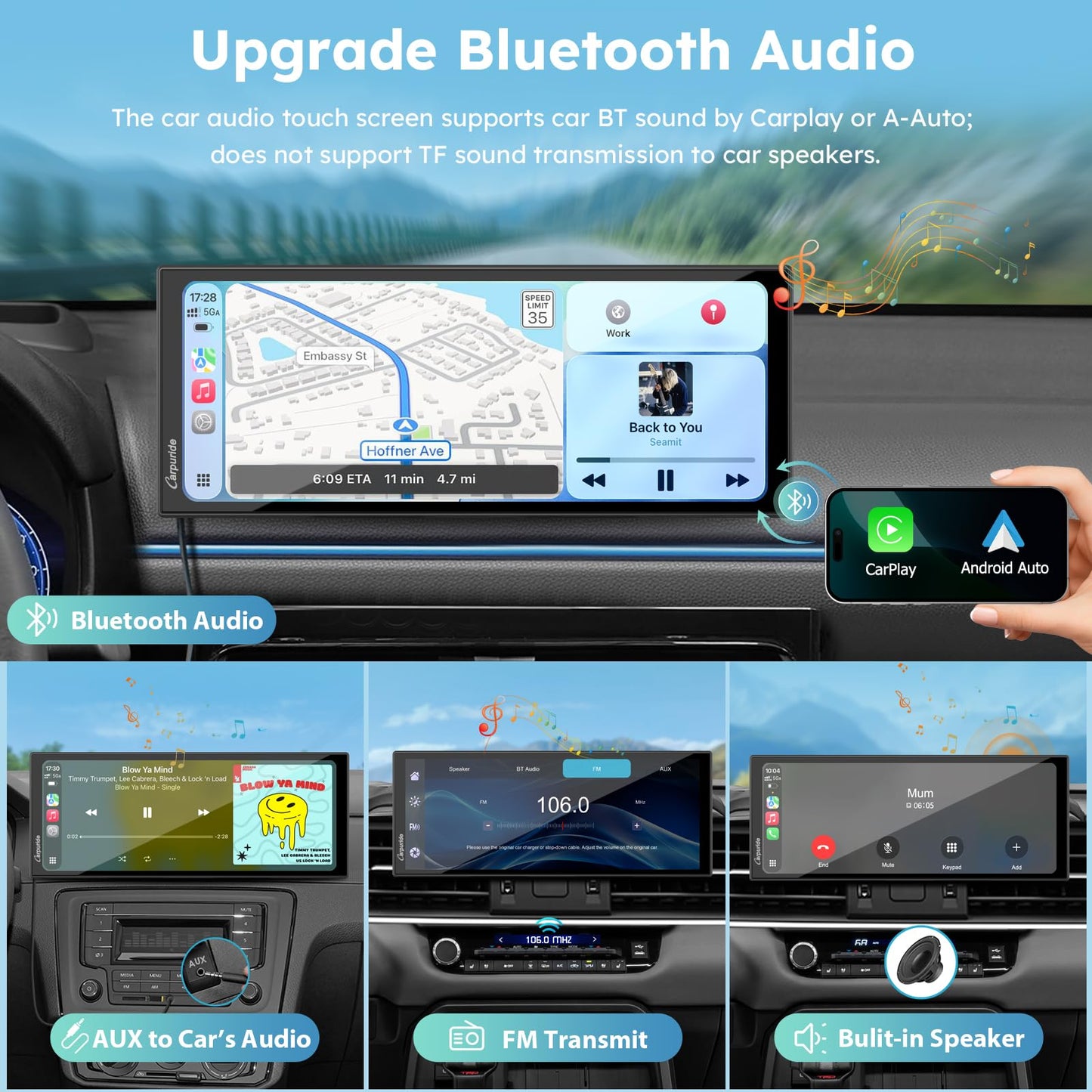 CARPURIDE CarPlay & Android Auto Dual Bluetooth, 7" Waterproof GPS Navigation Screen, Data Reading, Native Wonder, TPMS, Light Sensor, Music Sharing, Intercom, 16-Pin