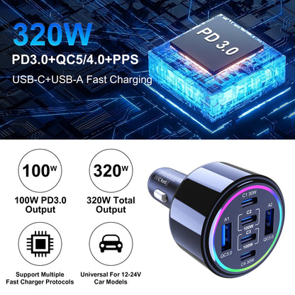 320W USB C Car Charger, 6 Ports Type C Car Charger, PD3.0/QC4.0/PPS Super Fast Charging for iPhone 17/16/15 Series, Galaxy S25/S24/23, iPad, MacBook Pro/Air, Laptop